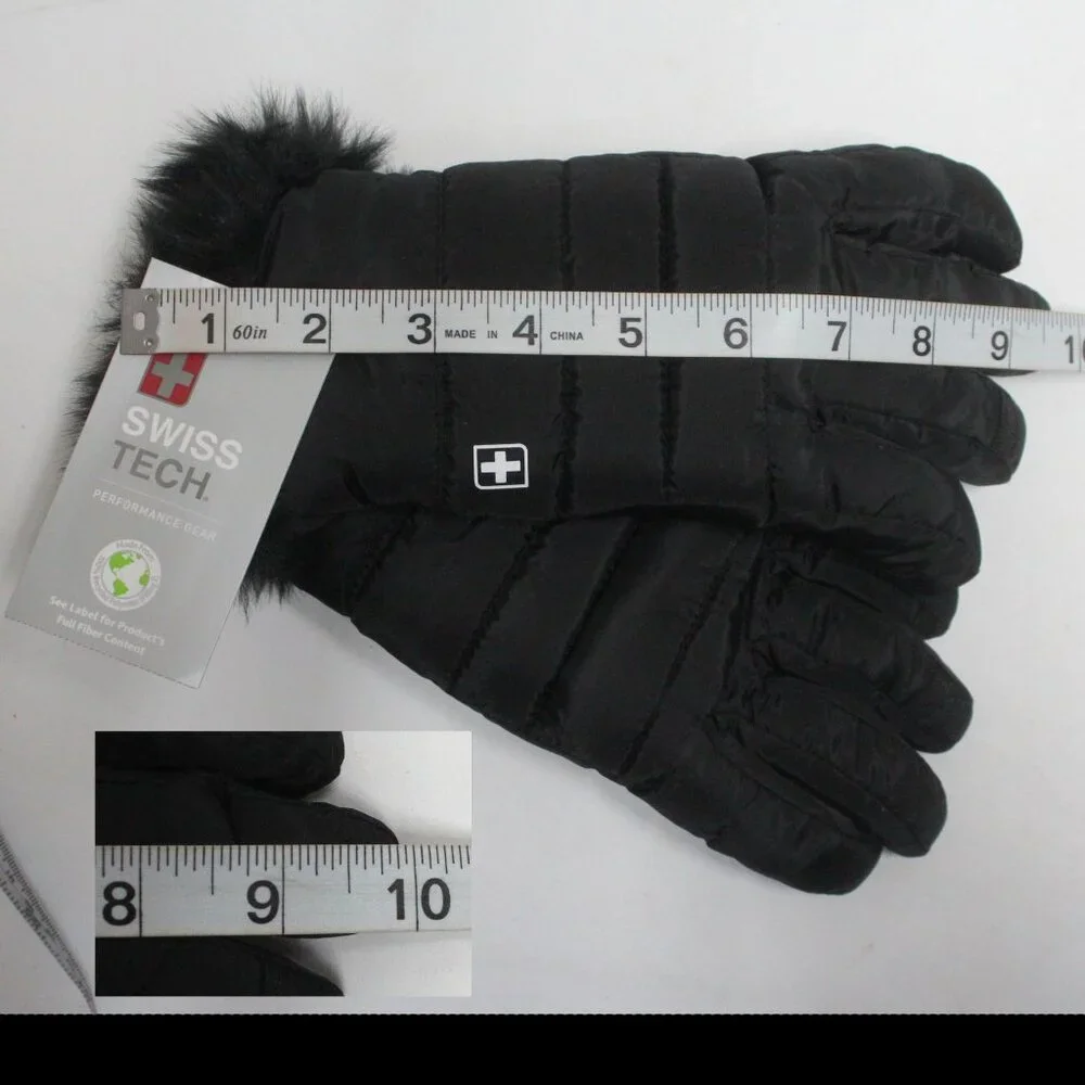 Girls Swiss Tech Quilted S-M Black Peakproof Waterproof Ski Glove Faux Fir Trim